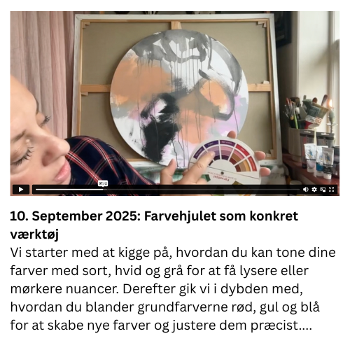 Vi starter med at kigge på, hvordan du kan tone dine farver med sort, hvid og grå for at få lysere eller mørkere nuancer. Derefter gik vi i dybden med, hvordan du blander grundfarverne rød, gul og blå for at skabe nye farver og justere dem præcist....